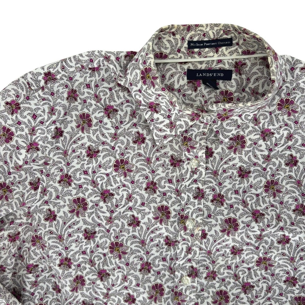 Lands' End Women's Button-Down Shirt White with Pink Floral Print